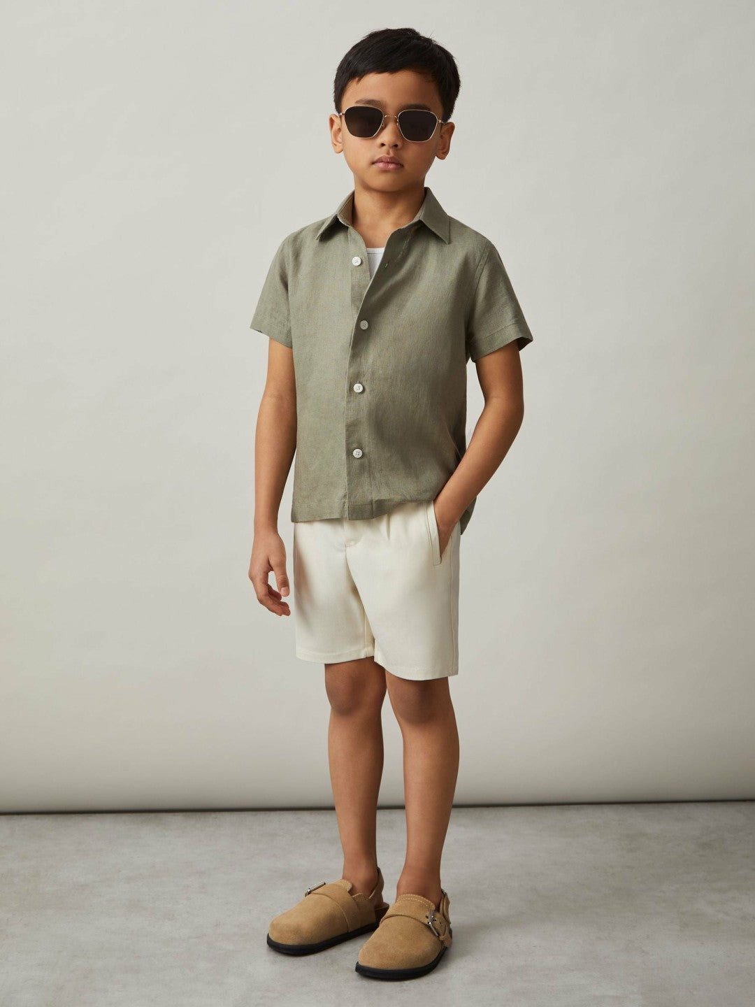 Reiss | 3-9 yrs Short Sleeve Linen Shirt in Thyme Green