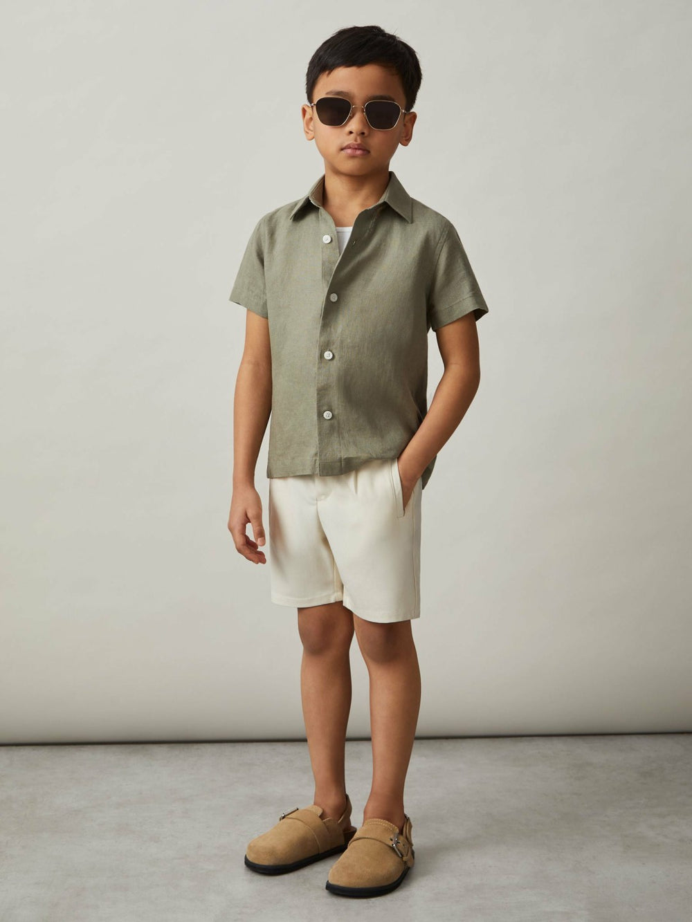Reiss | 3-9 yrs Short Sleeve Linen Shirt in Thyme Green