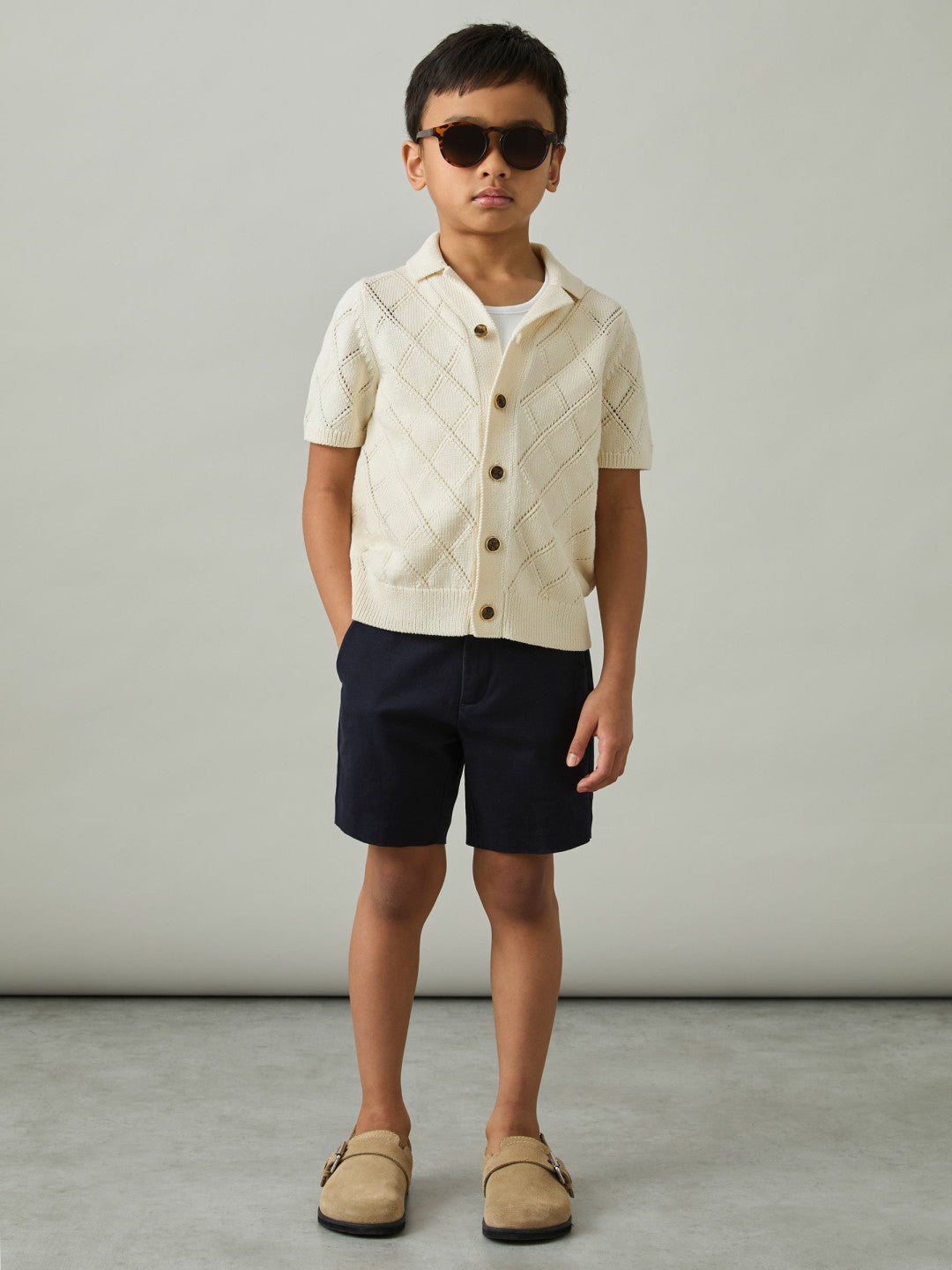 Reiss | 9-13 yrs Cotton Blend Diamond Knit Shirt in Off White