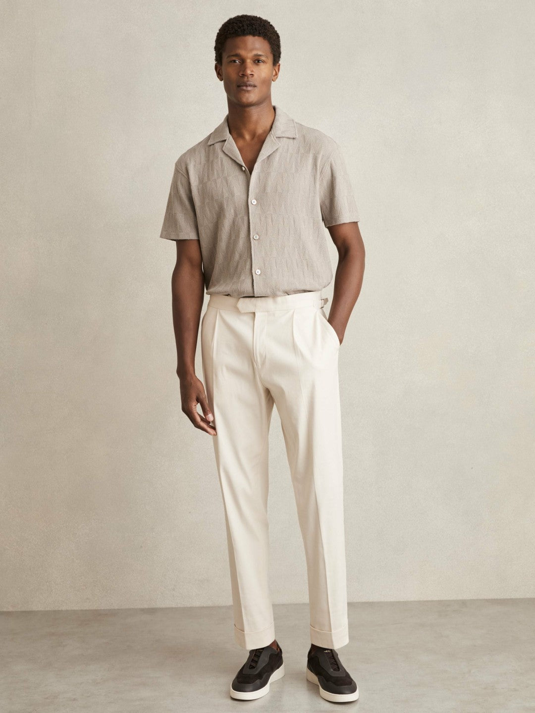 Reiss | Cotton Textured Cuban-Collar Shirt in Mink Brown
