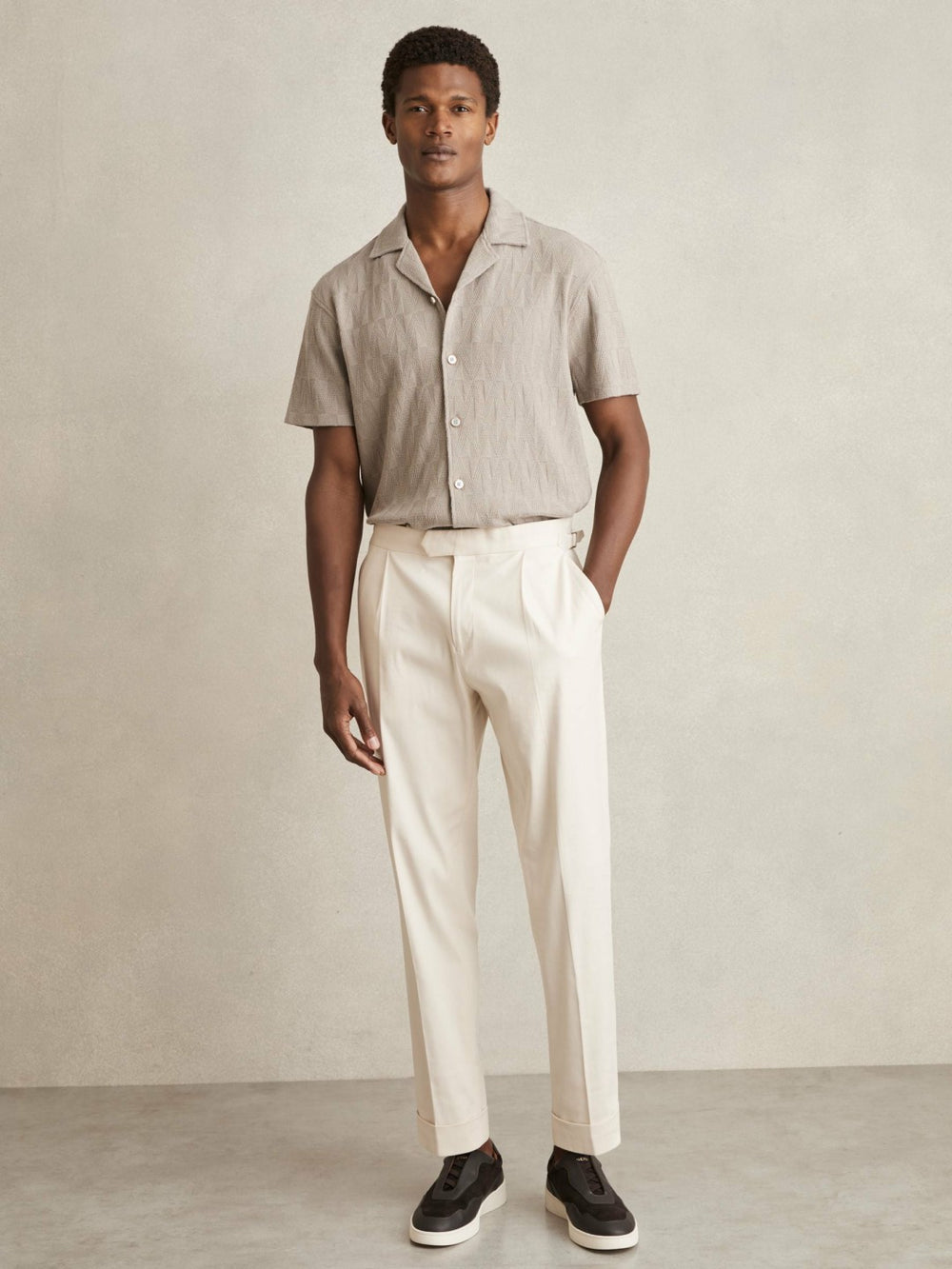 Reiss | Cotton Textured Cuban-Collar Shirt in Mink Brown