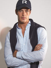 Reiss | Linen Striped Long Sleeve Shirt in Soft Blue/White Fine Stripe