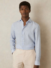 Reiss | Linen Striped Long Sleeve Shirt in Soft Blue/White Fine Stripe