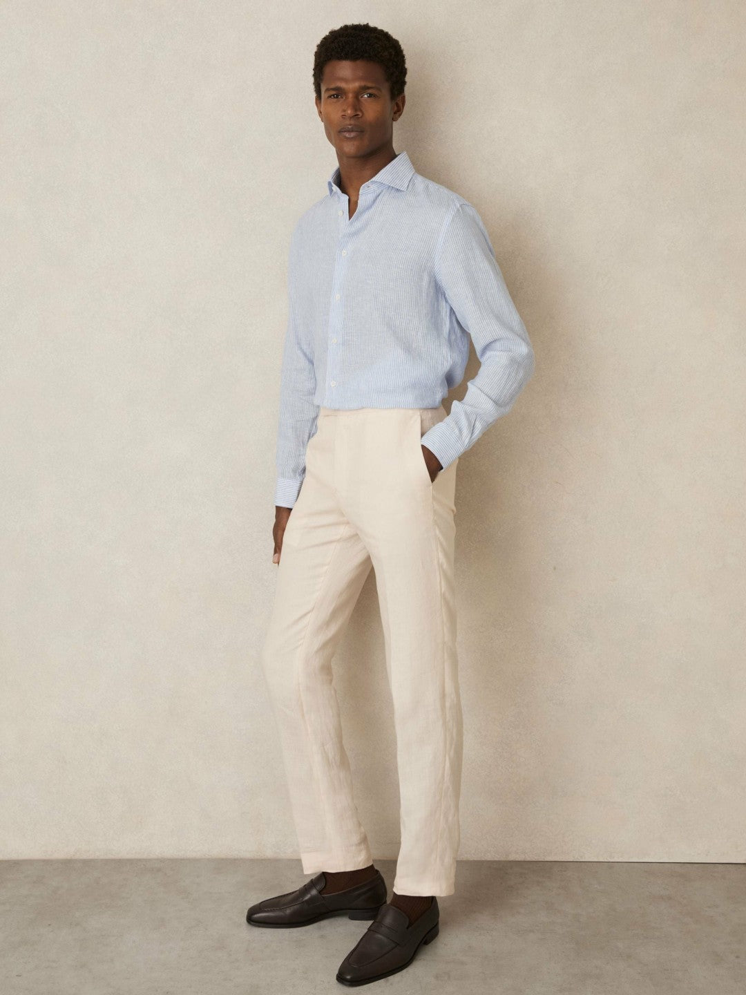 Reiss | Linen Striped Long Sleeve Shirt in Soft Blue/White Fine Stripe