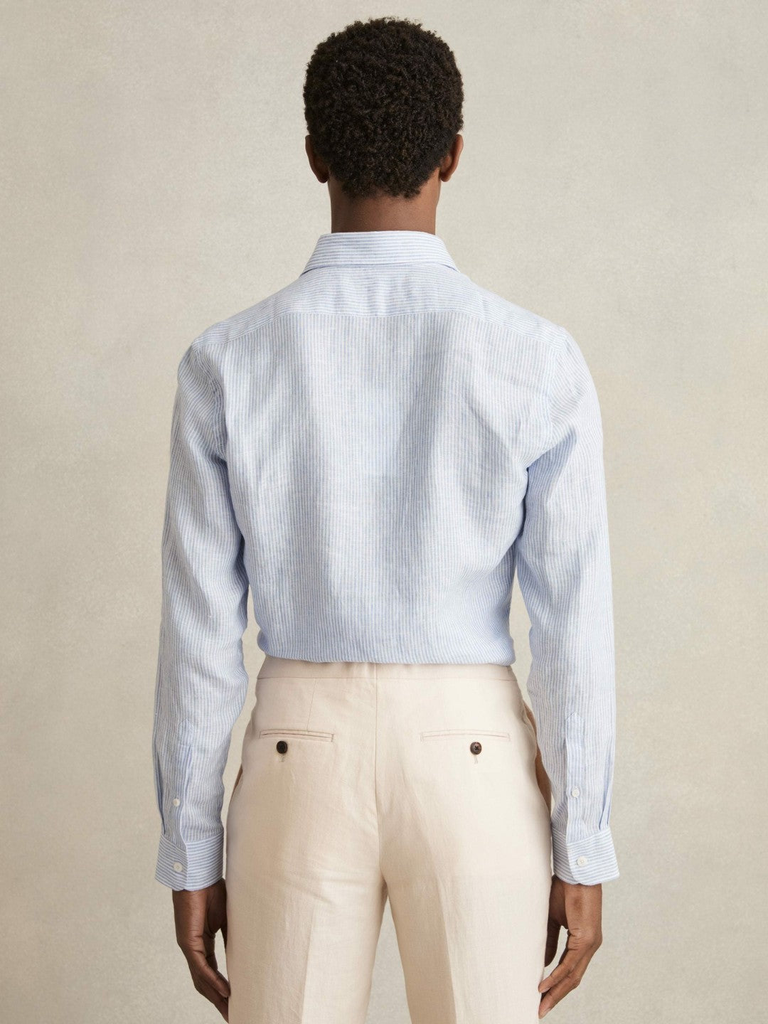 Reiss | Linen Striped Long Sleeve Shirt in Soft Blue/White Fine Stripe