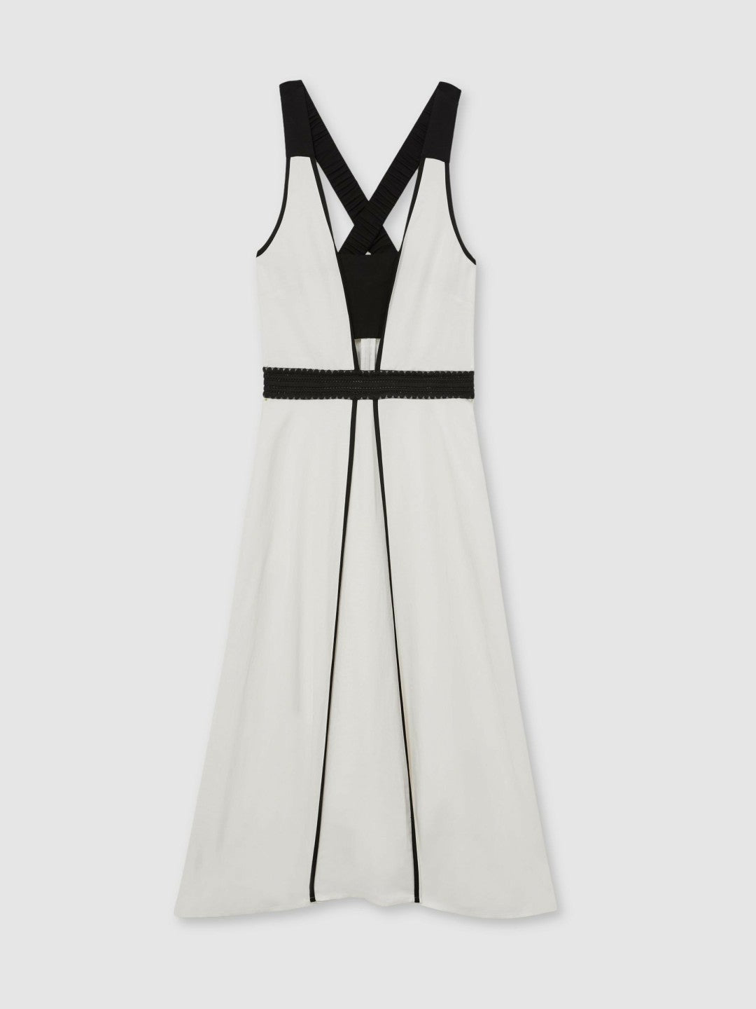 Reiss | Contrast Trim Flared Midi Dress With Linen in Ivory/Black
