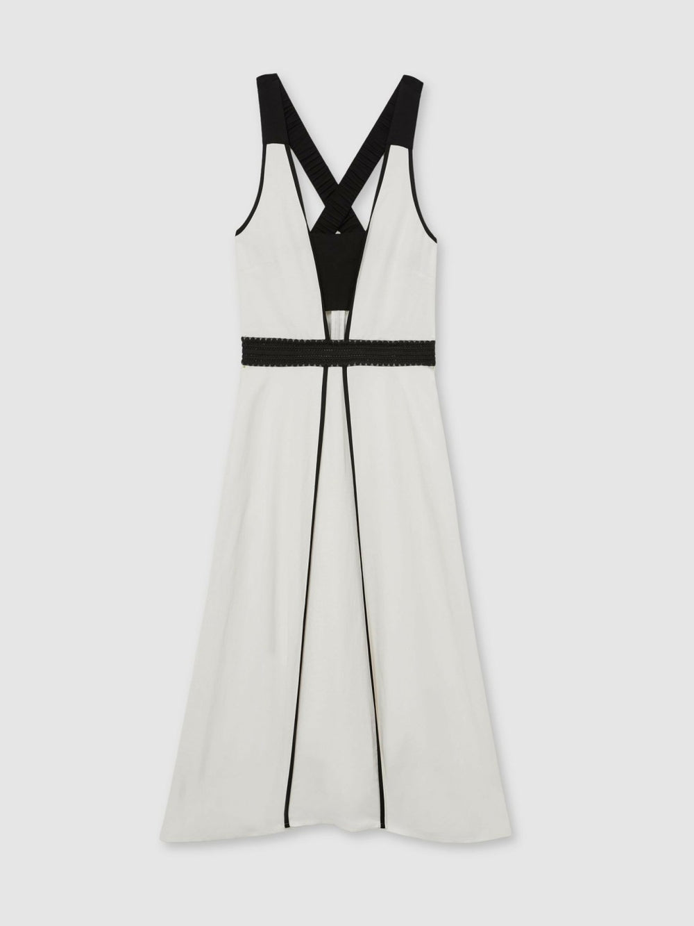 Reiss | Contrast Trim Flared Midi Dress With Linen in Ivory/Black