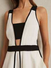 Reiss | Contrast Trim Flared Midi Dress With Linen in Ivory/Black