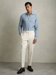 Reiss | Linen Striped Long Sleeve Shirt in Airforce Blue/White Bengal Stripe