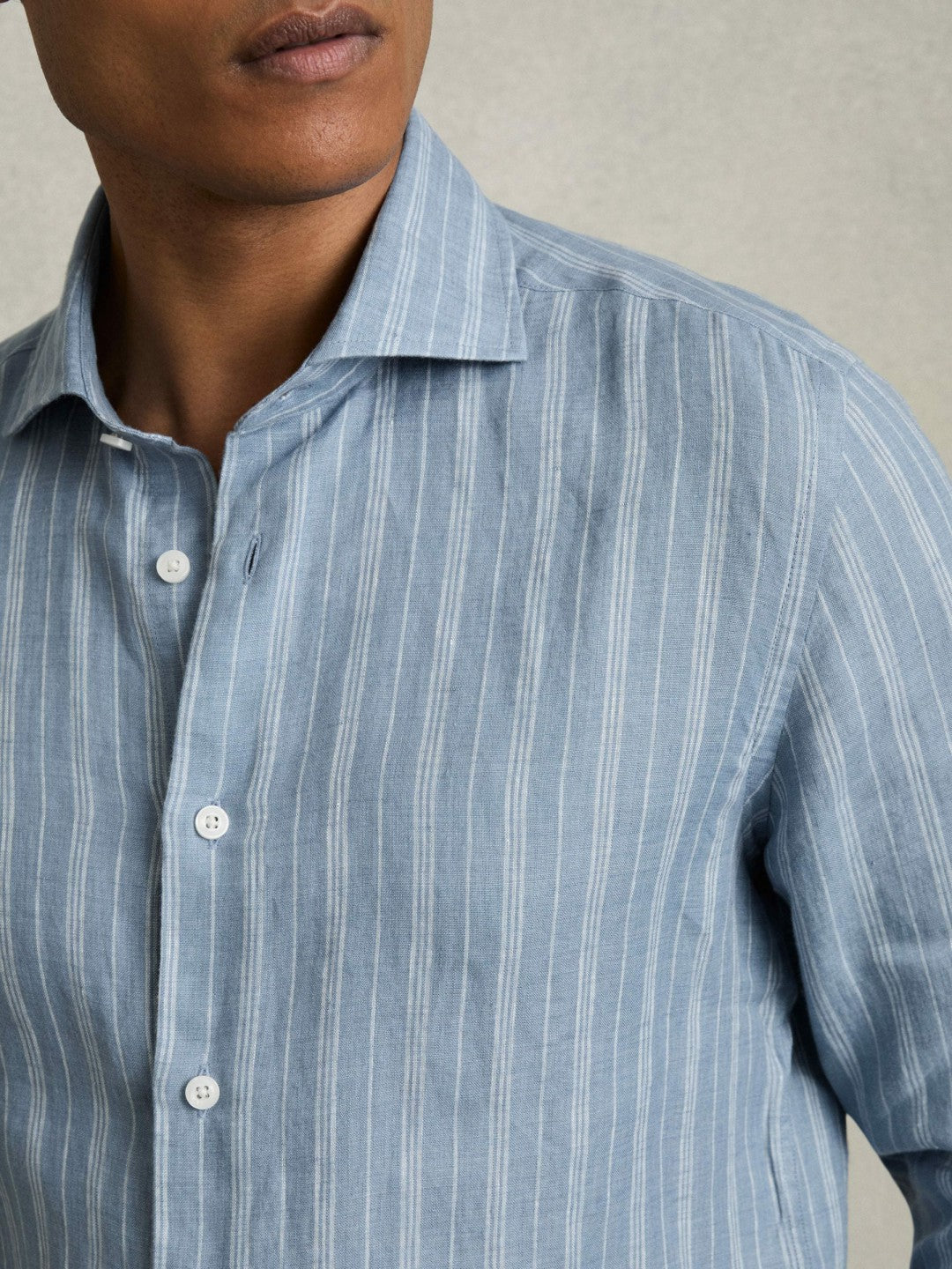 Reiss | Linen Striped Long Sleeve Shirt in Airforce Blue/White Bengal Stripe