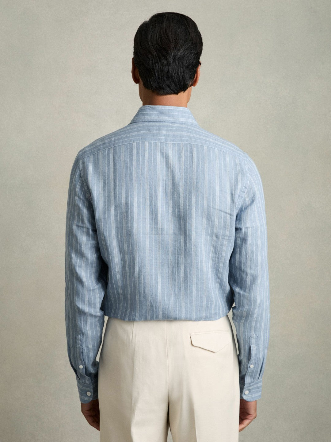 Reiss | Linen Striped Long Sleeve Shirt in Airforce Blue/White Bengal Stripe