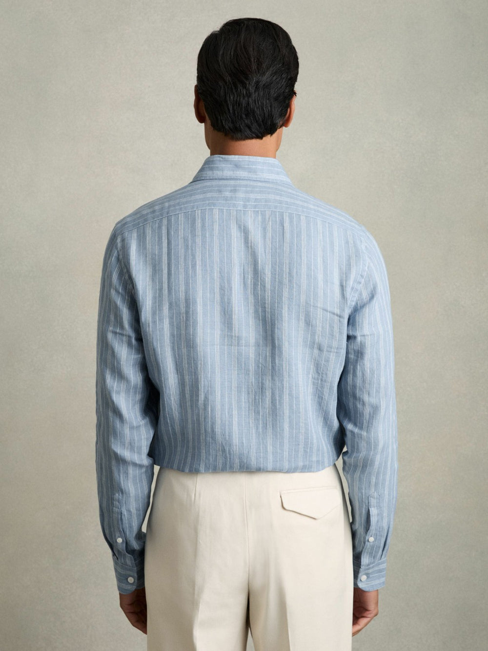Reiss | Linen Striped Long Sleeve Shirt in Airforce Blue/White Bengal Stripe