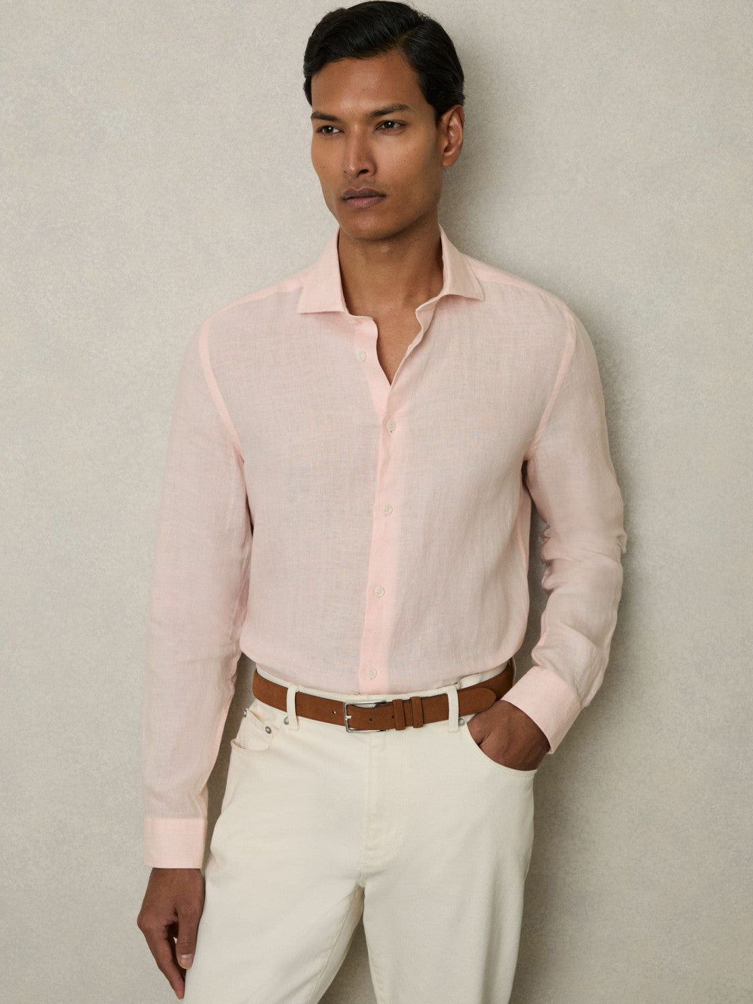 Reiss | Linen Button-Through Shirt in Prep Pink