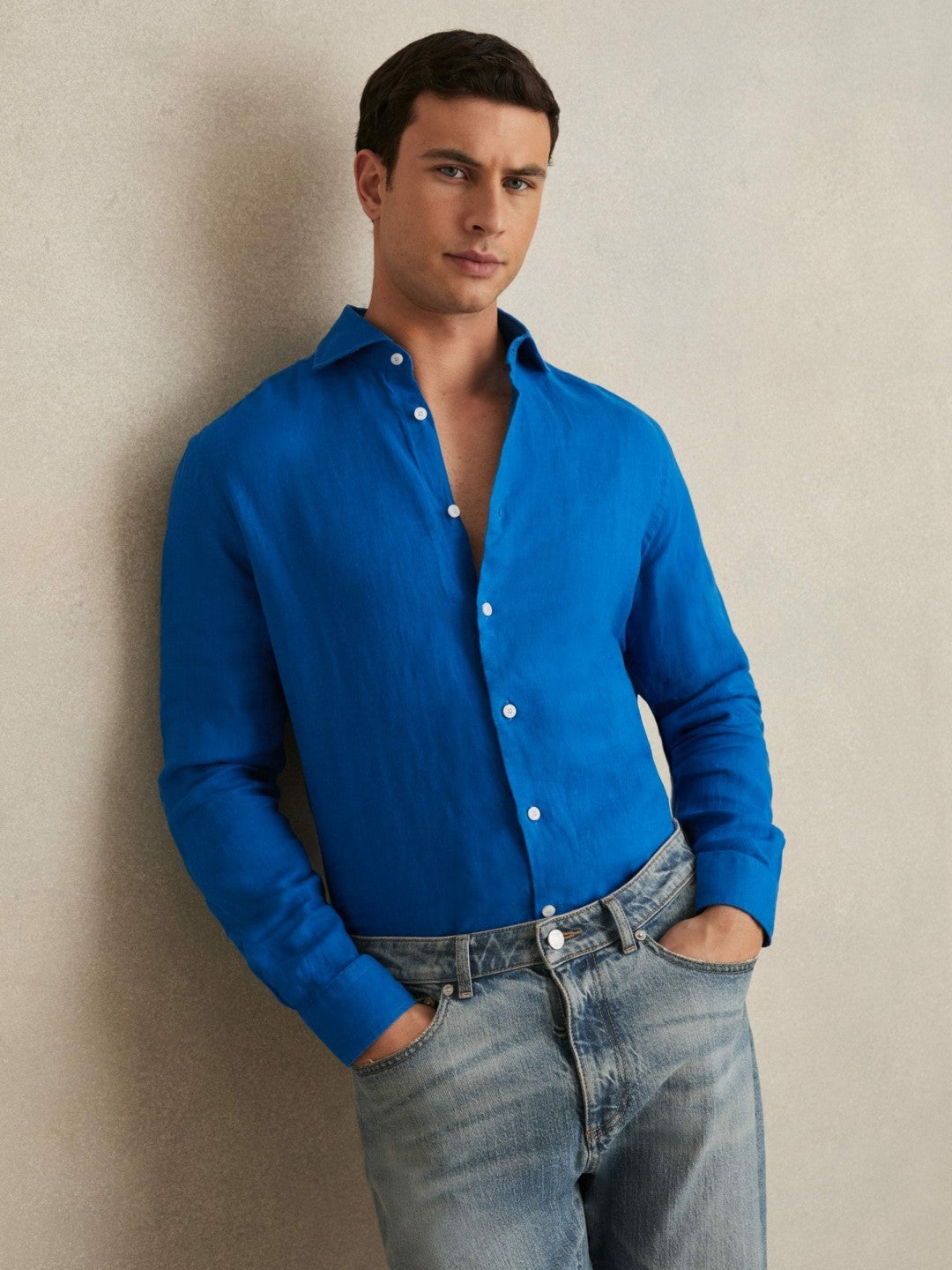 Reiss | Linen Button-Through Shirt in Bright Blue