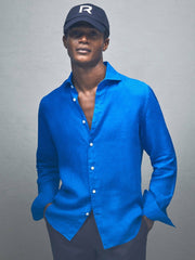 Reiss | Linen Button-Through Shirt in Bright Blue