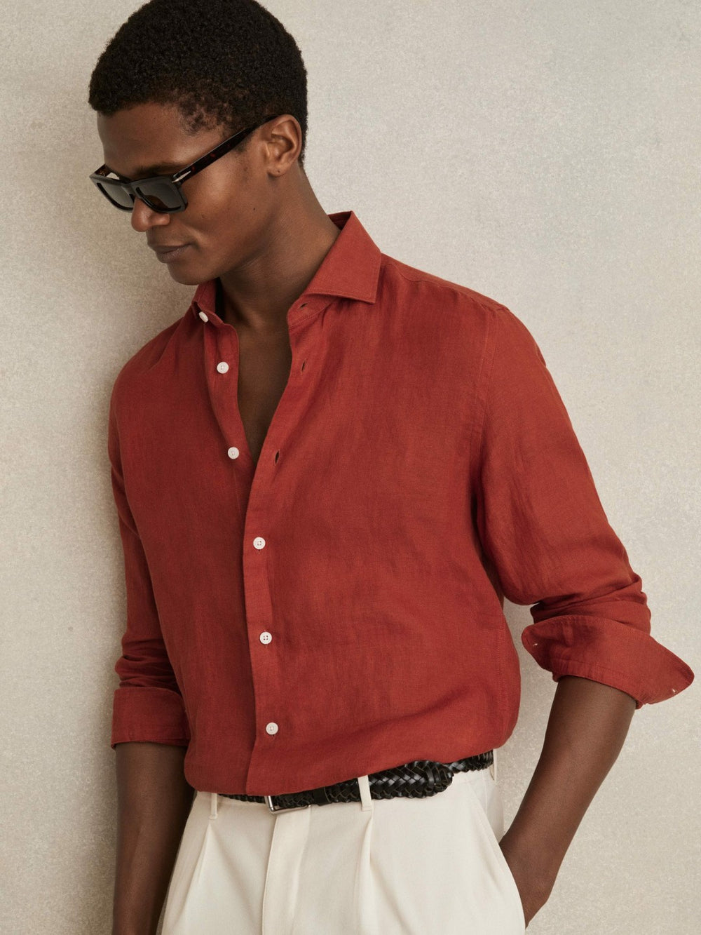 Reiss | Linen Button-Through Shirt in Paprika Red