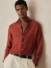 Reiss | Linen Button-Through Shirt in Paprika Red