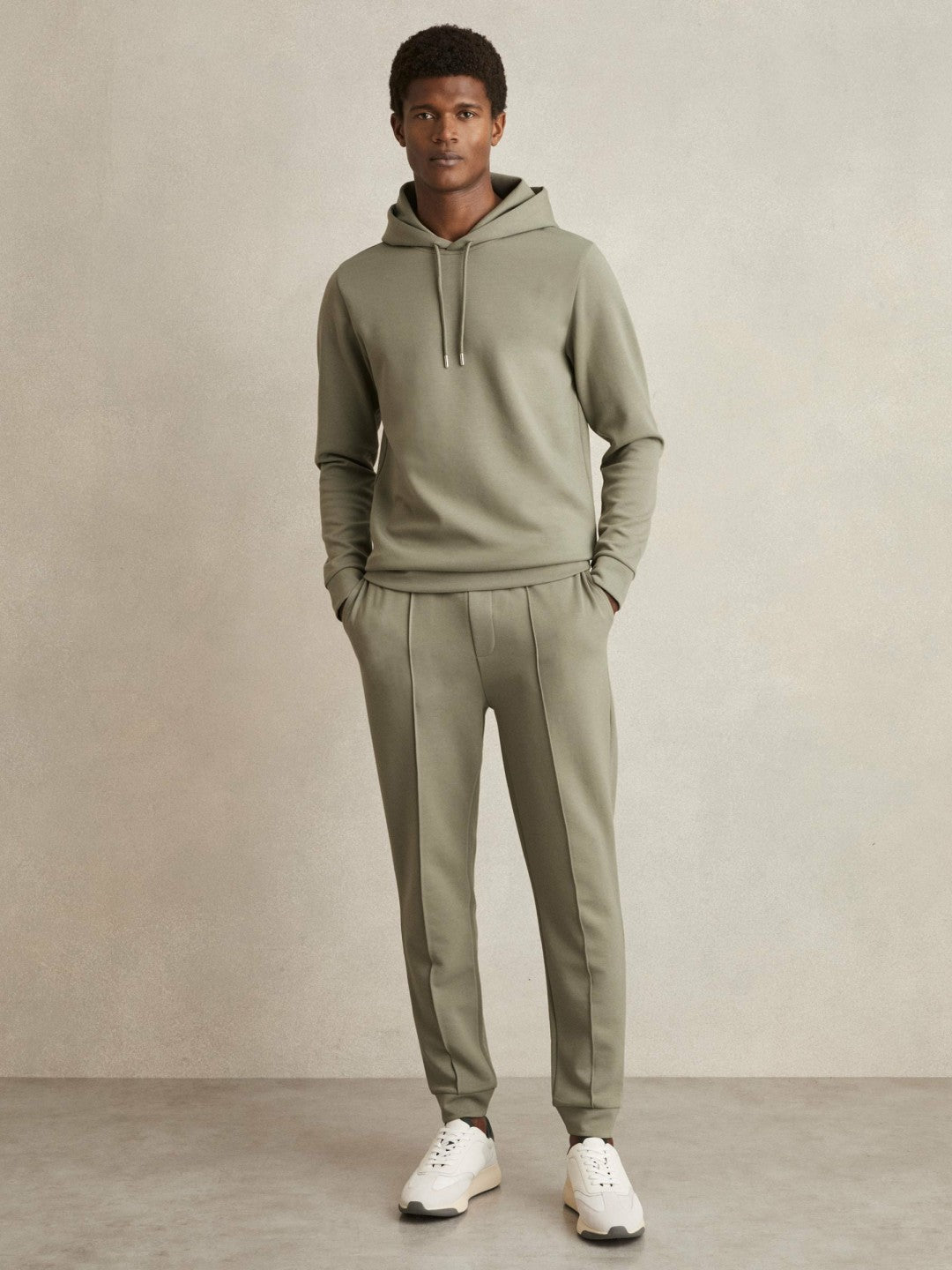 Reiss | Interlock Jersey Drawstring Hoodie in Sage