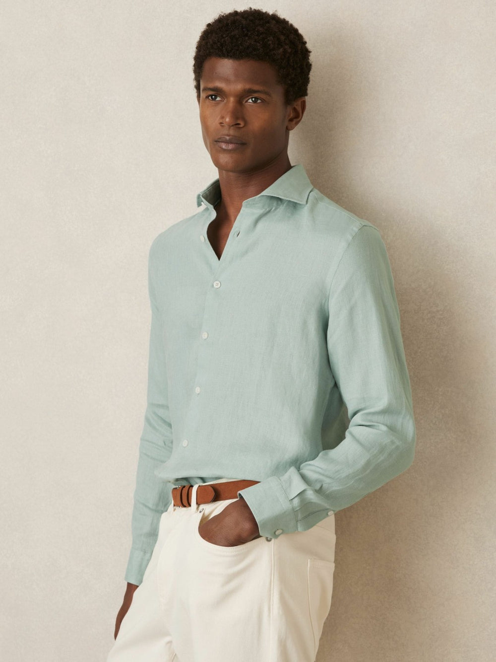 Reiss | Linen Button-Through Shirt in Ocean Green
