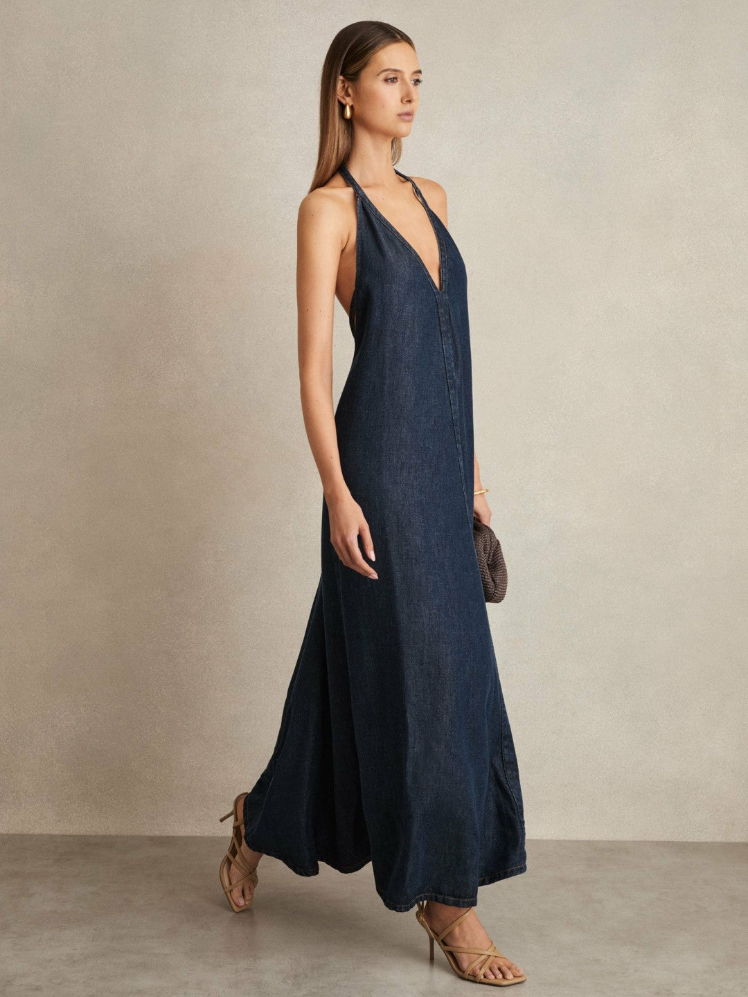 Reiss | Denim Halterneck Maxi Dress in Indigo