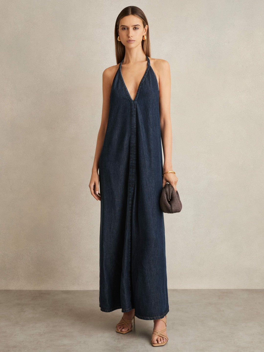 Reiss | Denim Halterneck Maxi Dress in Indigo