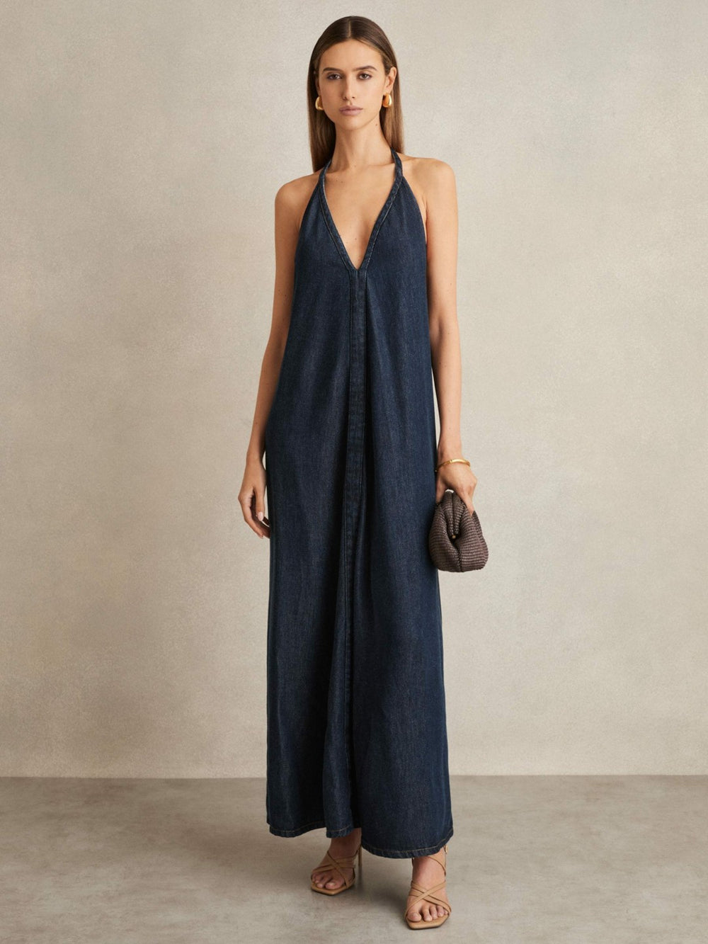 Reiss | Denim Halterneck Maxi Dress in Indigo