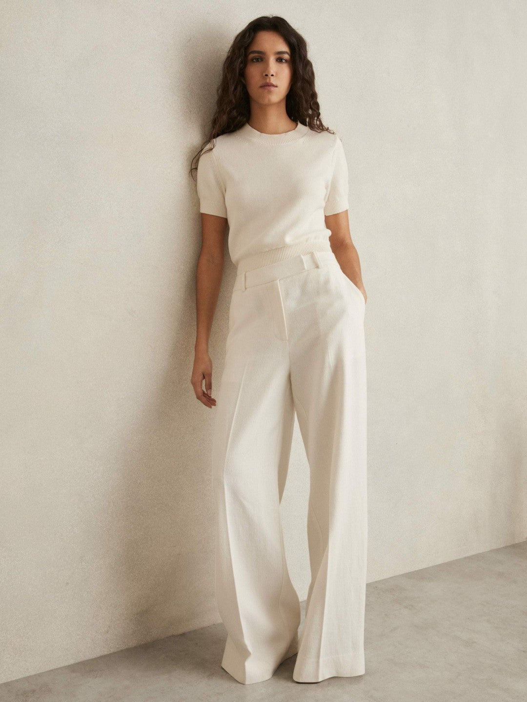 Reiss | Petite Linen-Blend Wide-Leg Trousers in White