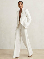 Reiss | Linen-Blend Double-Breasted Suit Jacket in White