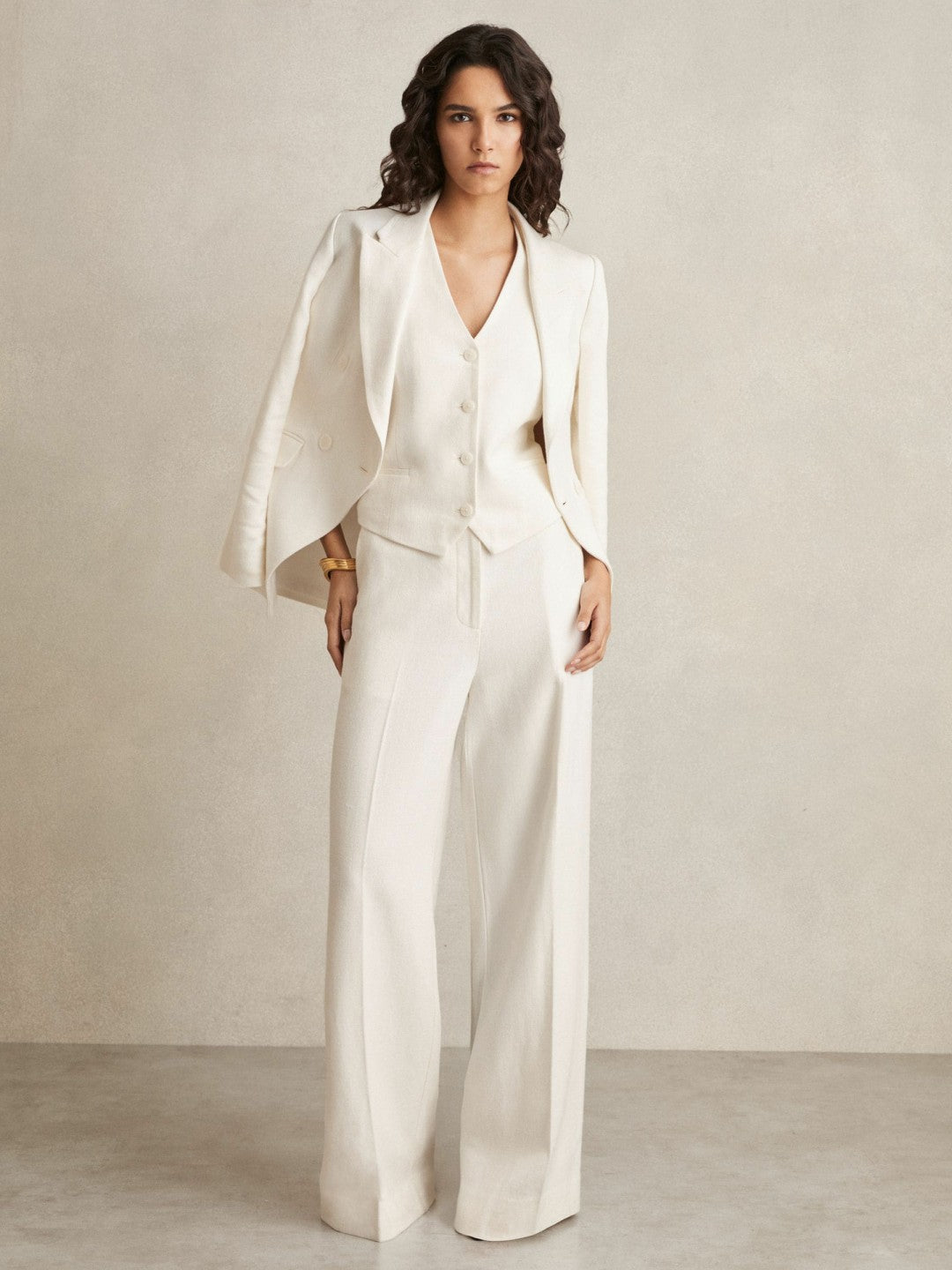 Reiss | Linen-Blend Button-Through Waistcoat in White