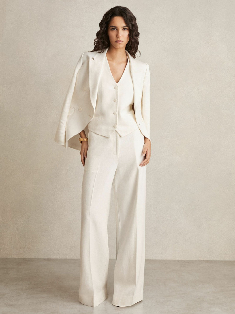 Reiss | Linen-Blend Button-Through Waistcoat in White