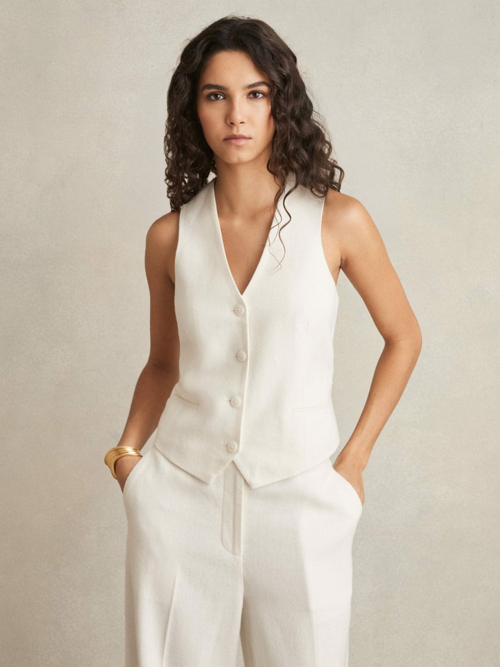 Reiss | Linen-Blend Button-Through Waistcoat in White