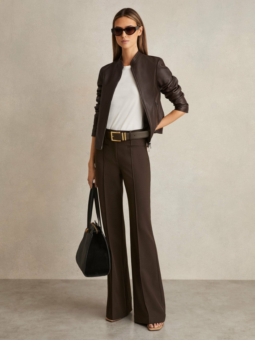 Reiss | Petite High Rise Flared Trousers in Chocolate Brown