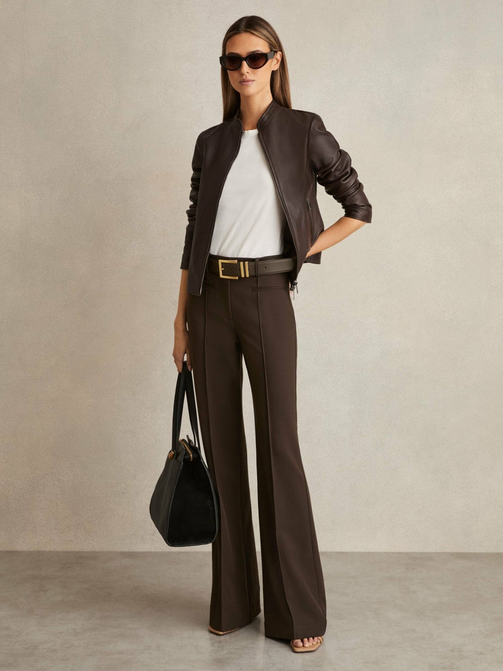 Reiss | Petite High Rise Flared Trousers in Chocolate Brown