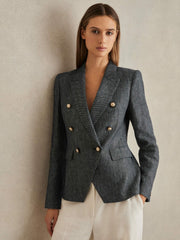 Reiss | Linen-Cotton Double-Breasted Blazer in Navy