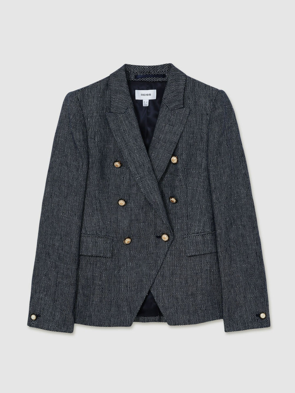 Reiss | Linen-Cotton Double-Breasted Blazer in Navy