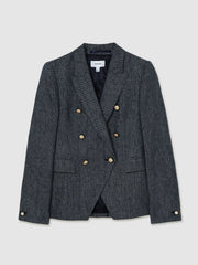 Reiss | Linen-Cotton Double-Breasted Blazer in Navy