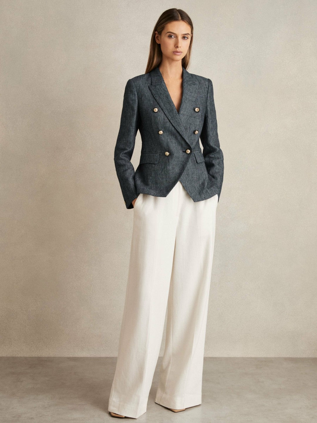 Reiss | Linen-Cotton Double-Breasted Blazer in Navy