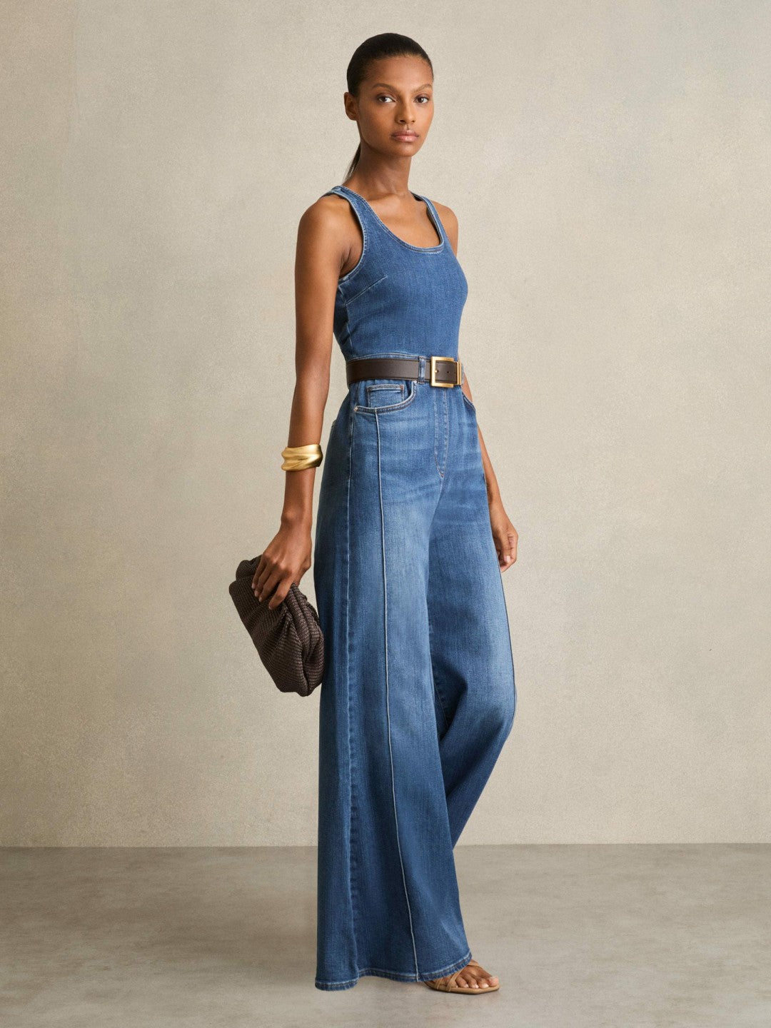 Reiss | Wide-Leg Racer-Back Denim Jumpsuit in Indigo