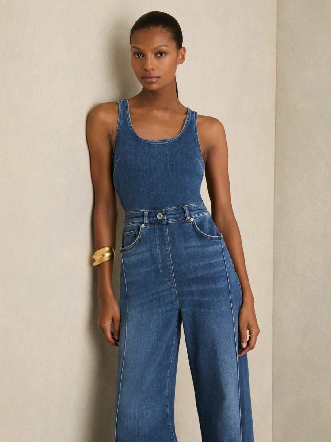 Reiss | Wide-Leg Racer-Back Denim Jumpsuit in Indigo