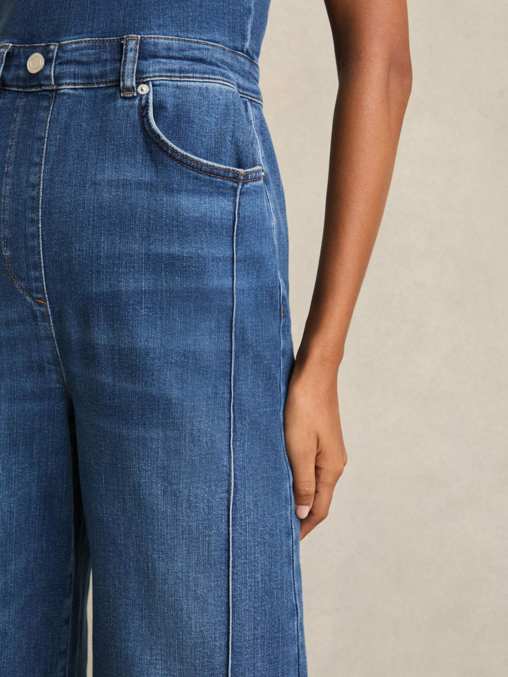 Reiss | Wide-Leg Racer-Back Denim Jumpsuit in Indigo