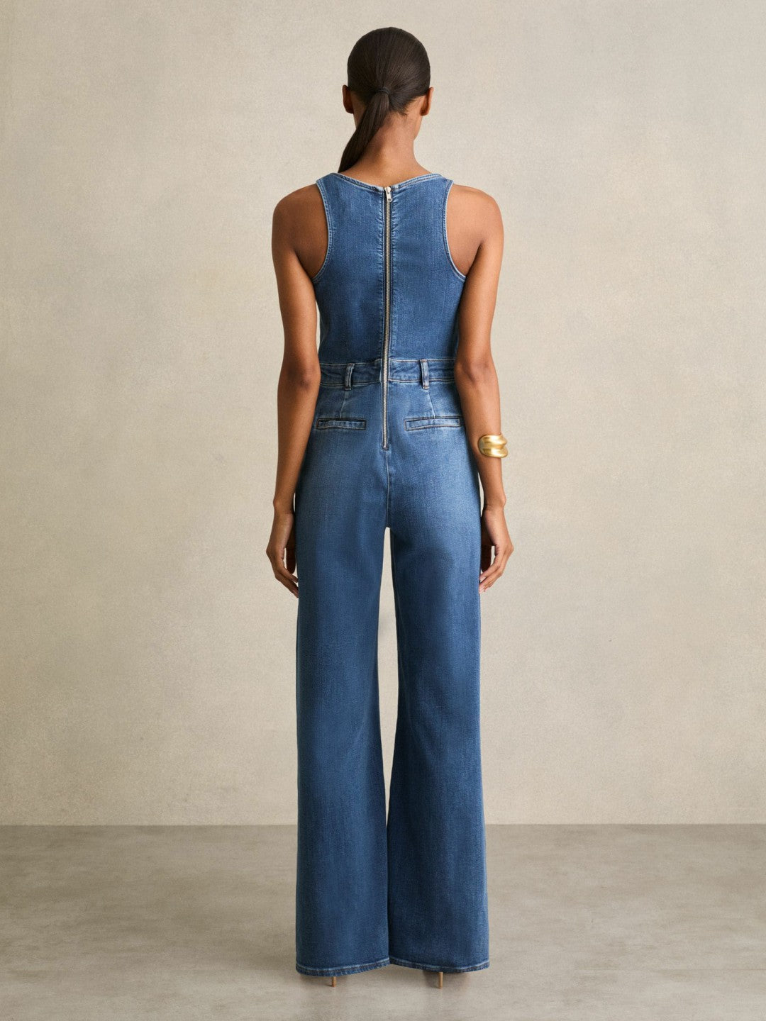 Reiss | Wide-Leg Racer-Back Denim Jumpsuit in Indigo
