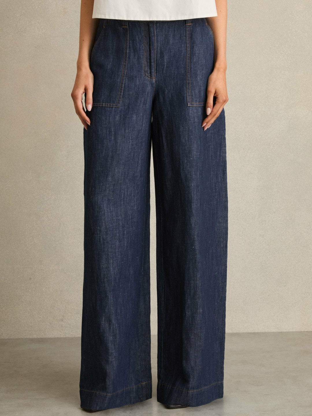 Reiss | Linen Wide Leg Trousers in Indigo