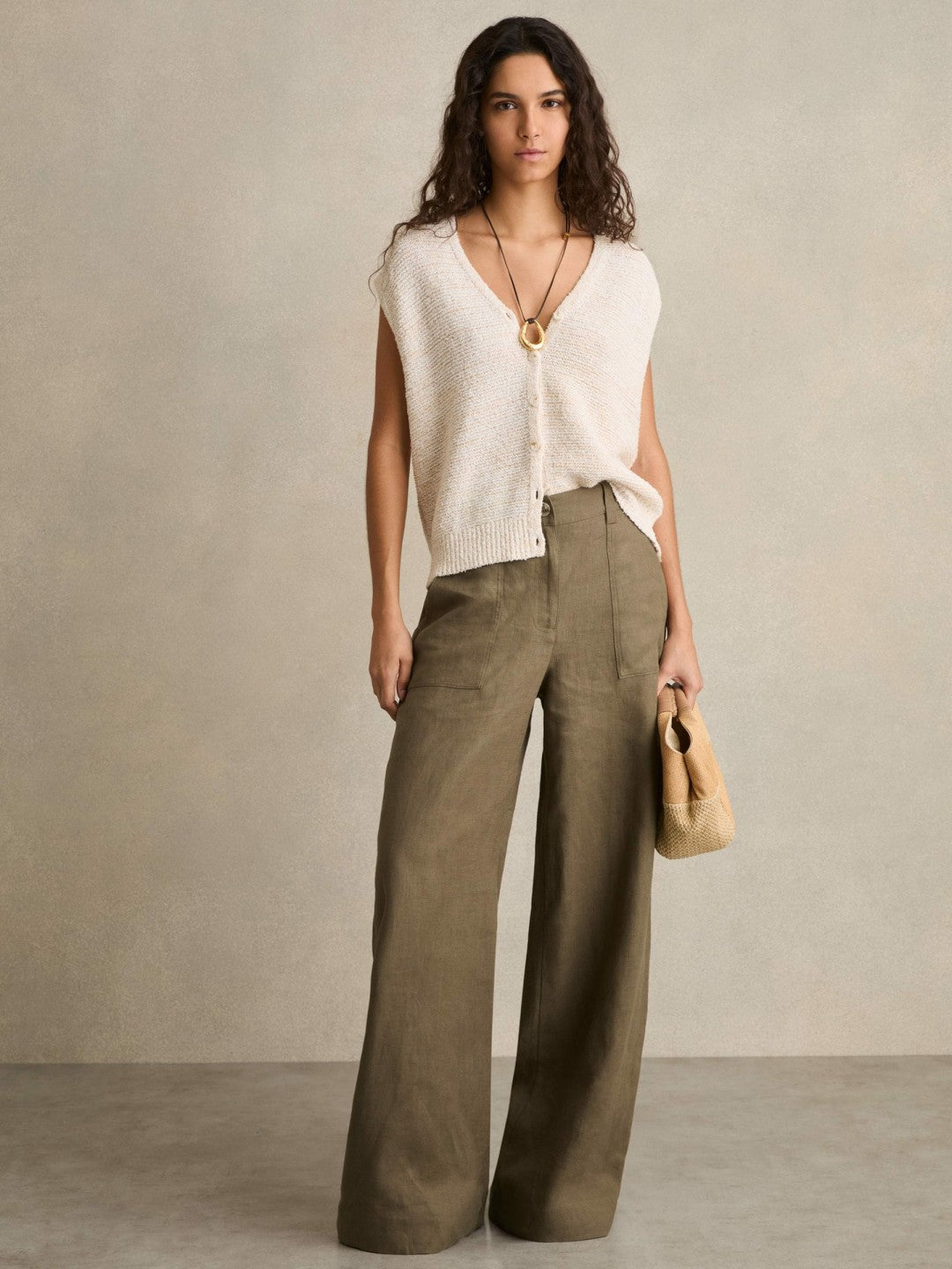 Reiss | Linen Wide Leg Trousers in Khaki