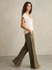 Reiss | Petite Linen Wide Leg Trousers in Khaki