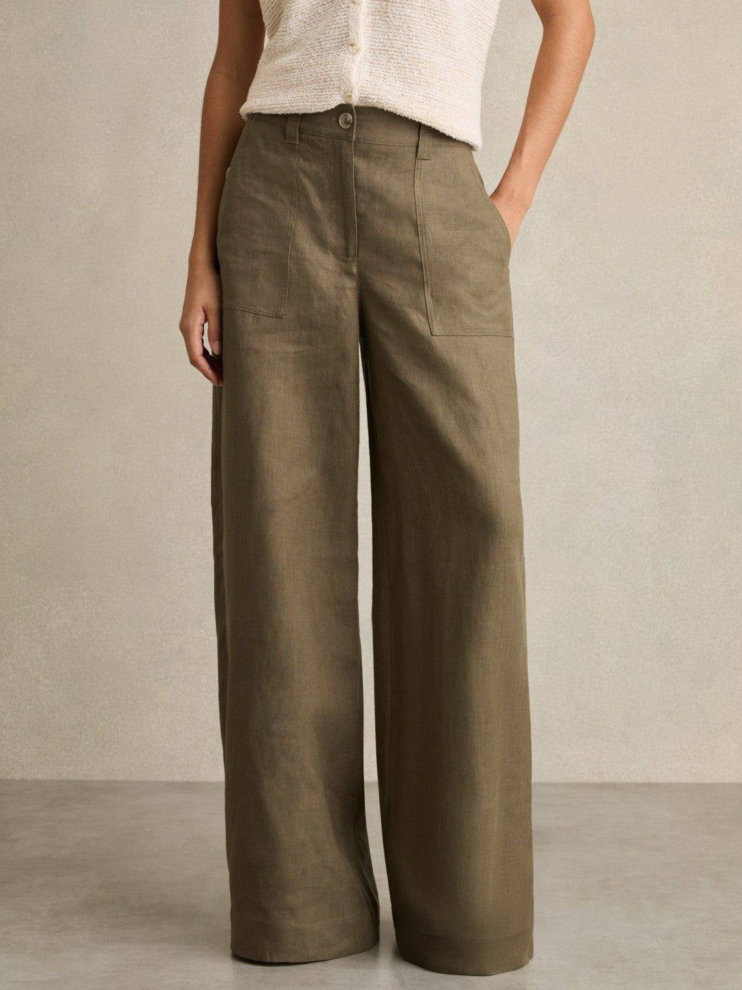 Reiss | Petite Linen Wide Leg Trousers in Khaki