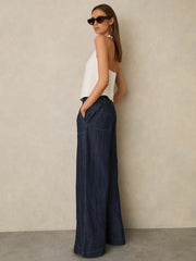Reiss | Petite Linen Wide Leg Trousers in Indigo