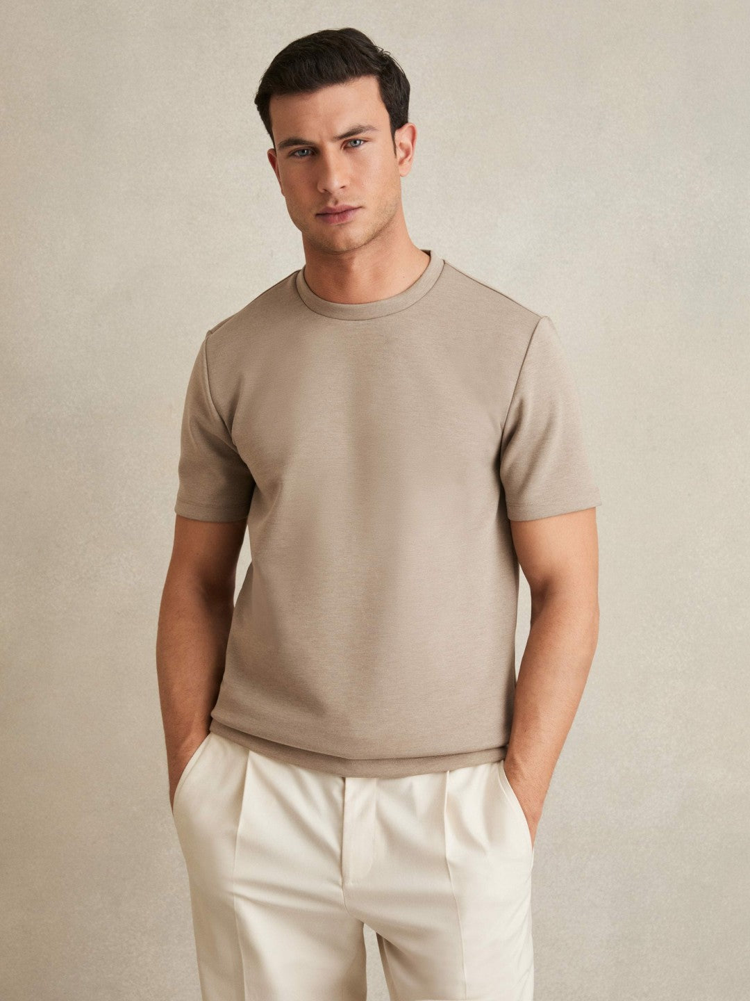 Reiss | Interlock Jersey Crew Neck T-Shirt in Taupe Brown