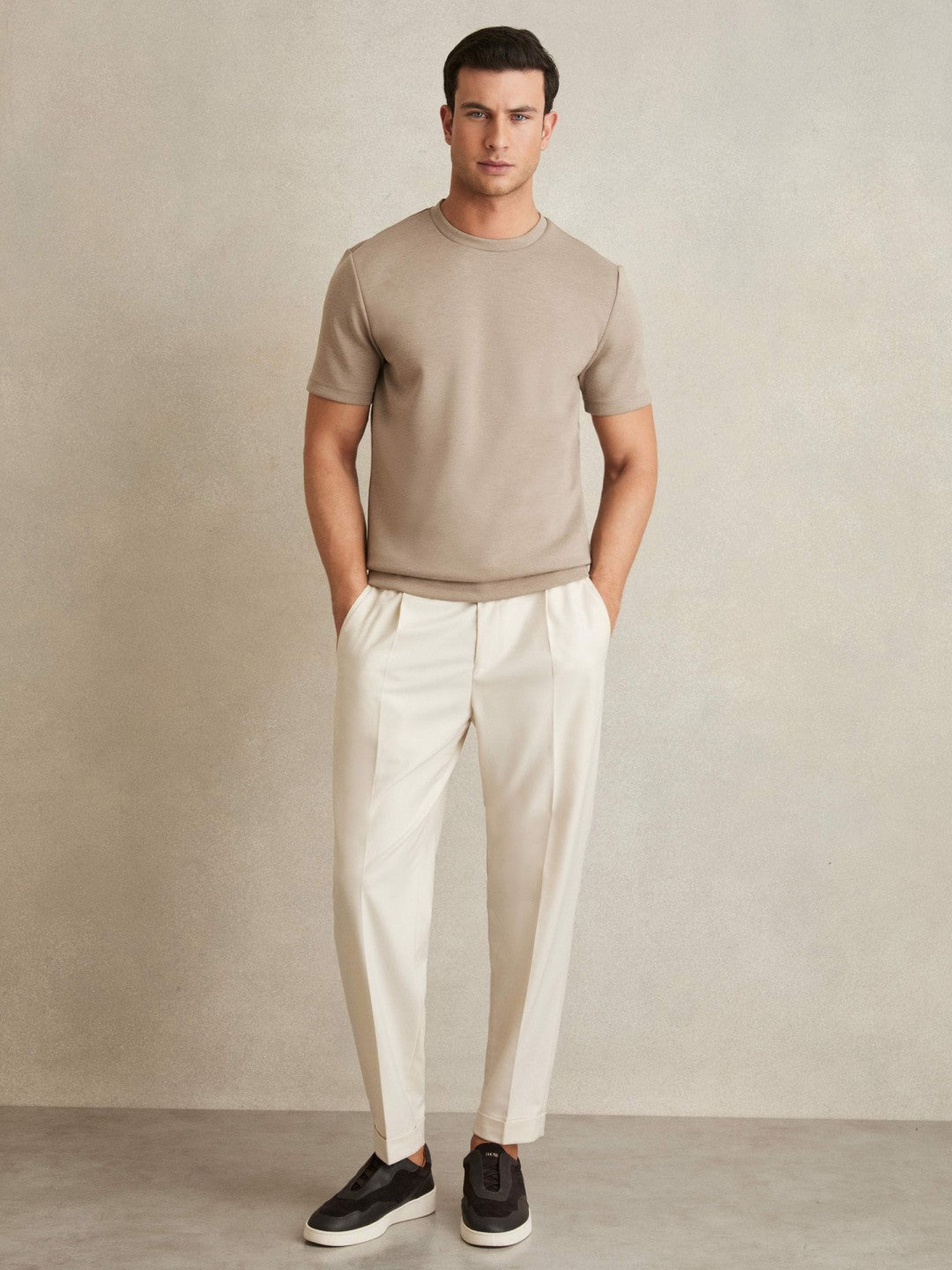 Reiss | Interlock Jersey Crew Neck T-Shirt in Taupe Brown