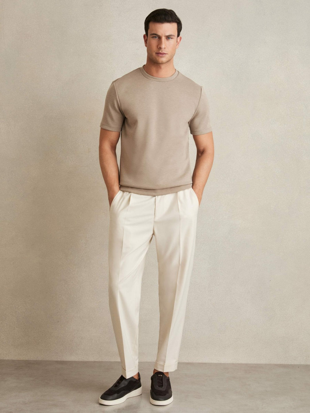Reiss | Interlock Jersey Crew Neck T-Shirt in Taupe Brown