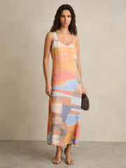 Reiss | Sunset Print Sleeveless Slip Dress in Coral
